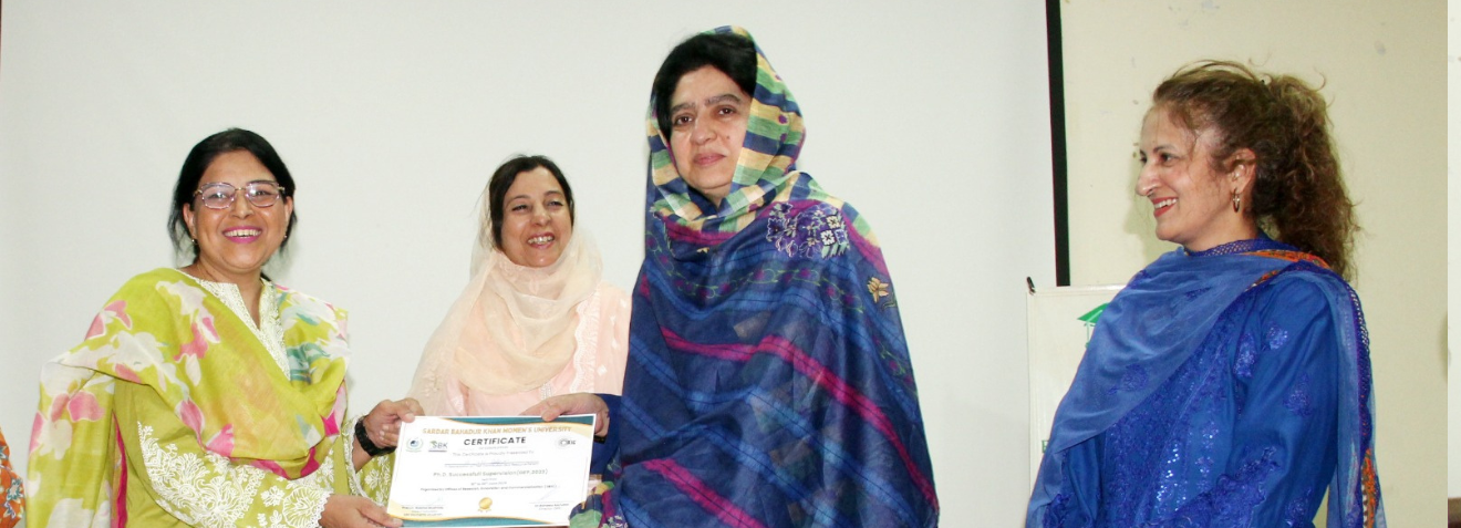 Certificate distribution ceremony to the participants of 3 day GEP-23 Ph. D. Supervisor training and integration of National Outreach Program ceremony was organized by ORIC, SBKWU with collaboration of Directorate of QA, SBKWU. Ms. Raheela Hameed Khan Durrani, Minister for Education, GoB graced the occasion and distributed the certificates amongst the Ph.D. supervisors. During the ceremony Prof. Dr. Rubina Mushtaq, Vice Chancellor welcomed the Minister for Education and thanked her for utmost support to the University. Ceremony held on 24/6/2025 at SBKWU, Quetta